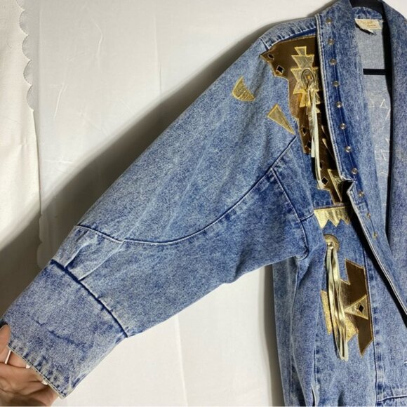 Vintage 90s Marshall Rousso Acid Wash Denim Jacket W Gold Western Accents S - Picture 8 of 16